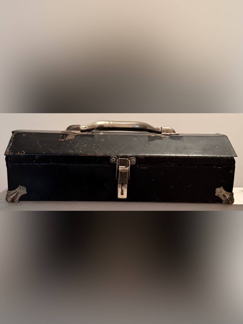 Vintage Black Tombstone Hip Roof Coffin Metal Tool Box SMALL 14X5 X4.25" RARE